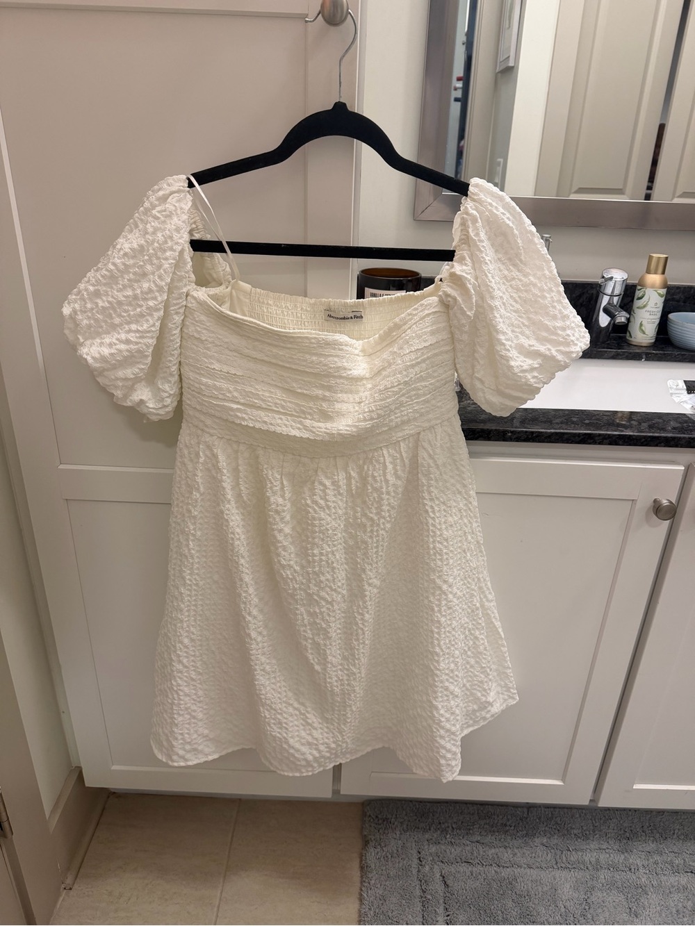 Abercrombie & Fitch Cream Textured Puff-Sleeve Mini Dress